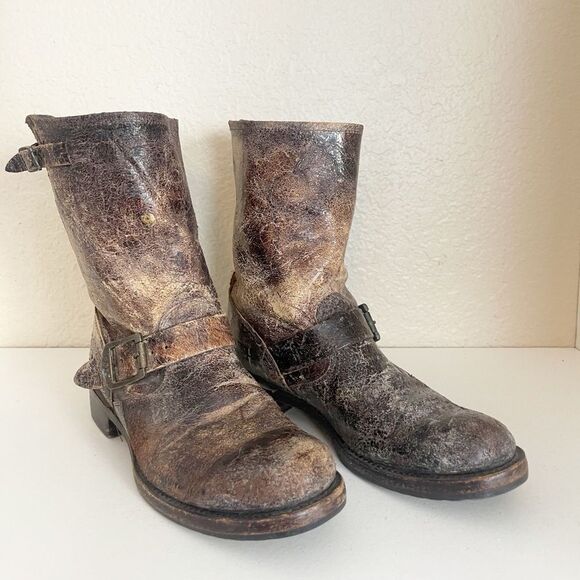 Frye Veronica Distressed Short Leather combat moto Boots in Brown 8.5 - Picture 3 of 12